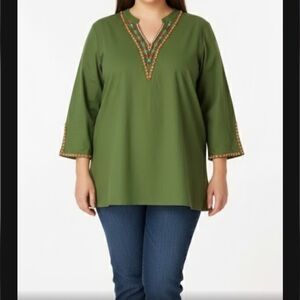 Roaman's tunic Top Linen Blend Boho Chic Hippie Plus sz 32W handmade rhinestone.